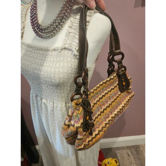 Fossil straw leather handbag purse shoulder bag y2k boho woven - Picture 2 of 10